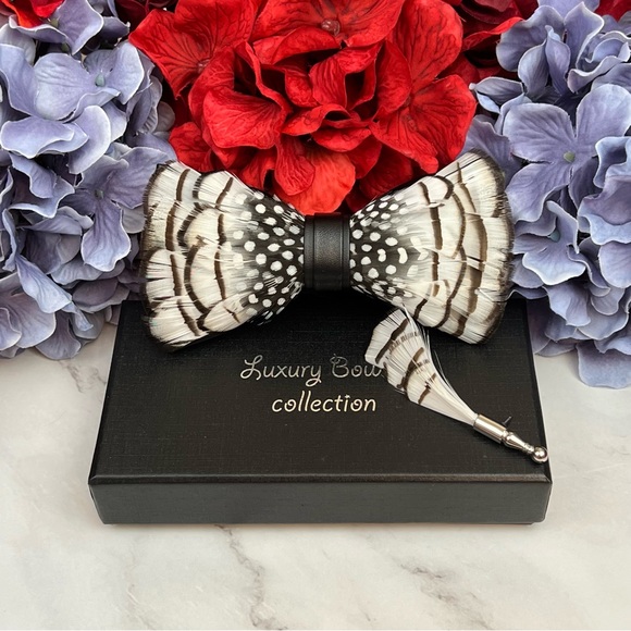 Handmade Black and White Feather Bow Tie Boutonnière Lapel Pin Set - Picture 2 of 16